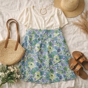 Liz & Co Floral 100% Cotton A Line Skirt Green Garden Cottagecore Size 14